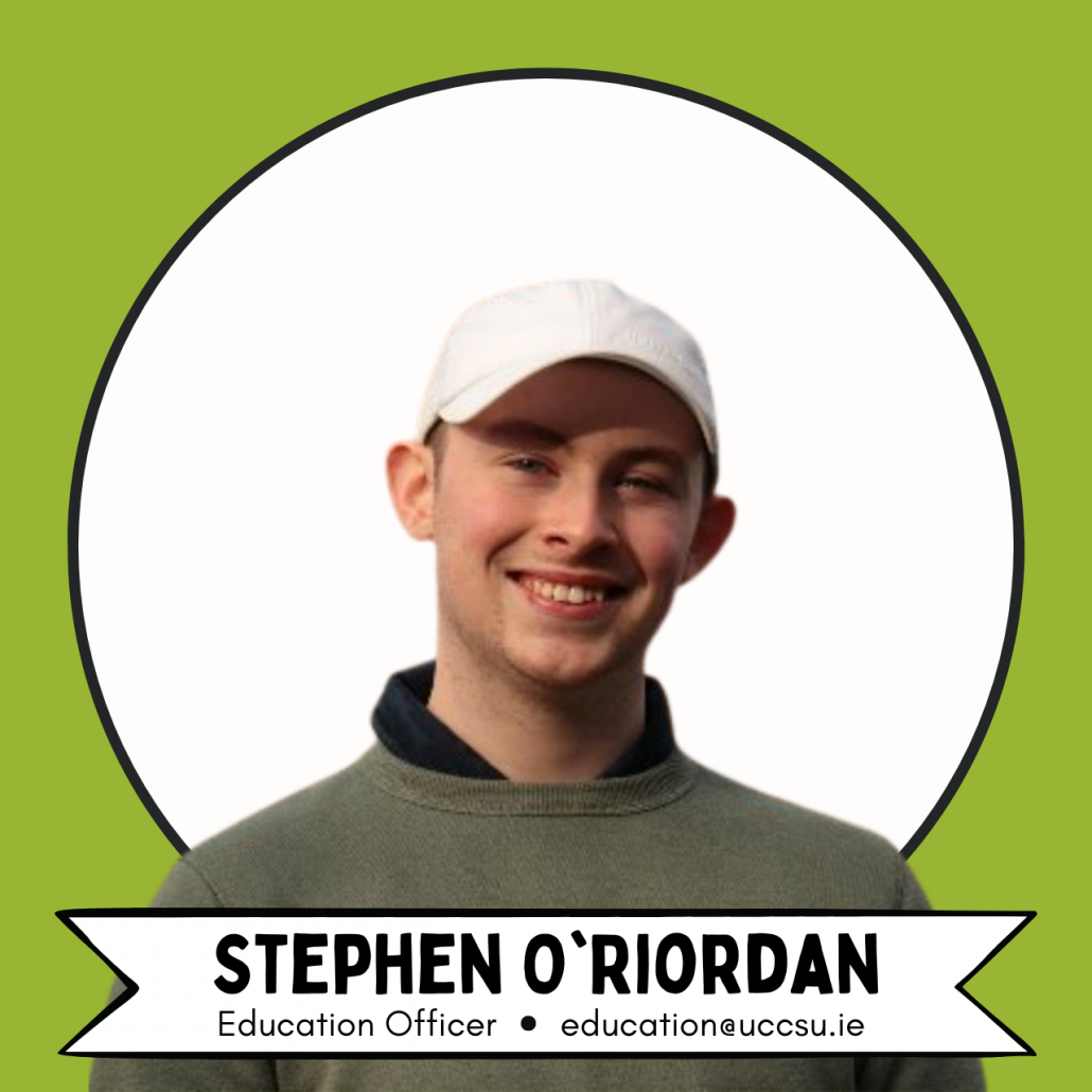 Image of Stephen O'Riordan with title of Education Officer and email address education@uccsu.ie